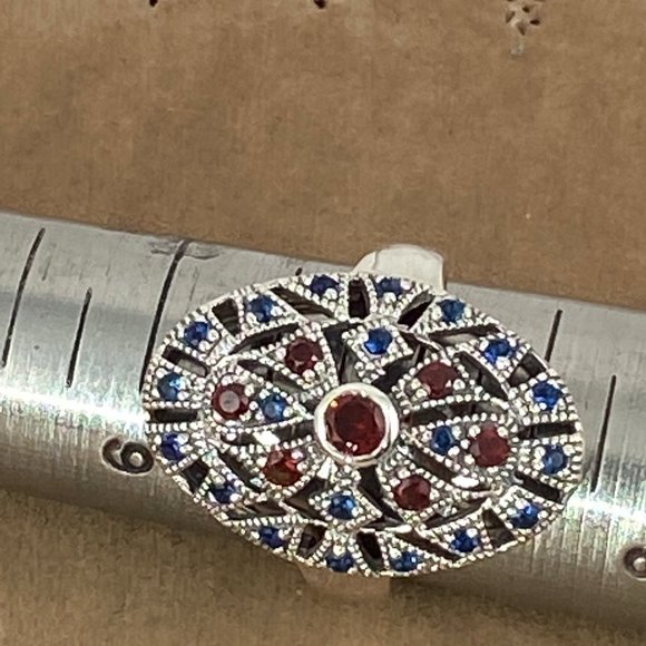 Stunning Art Nouveau Garnet and Blue Sapphire Cocktail Ring Size 7 - Picture 2 of 7
